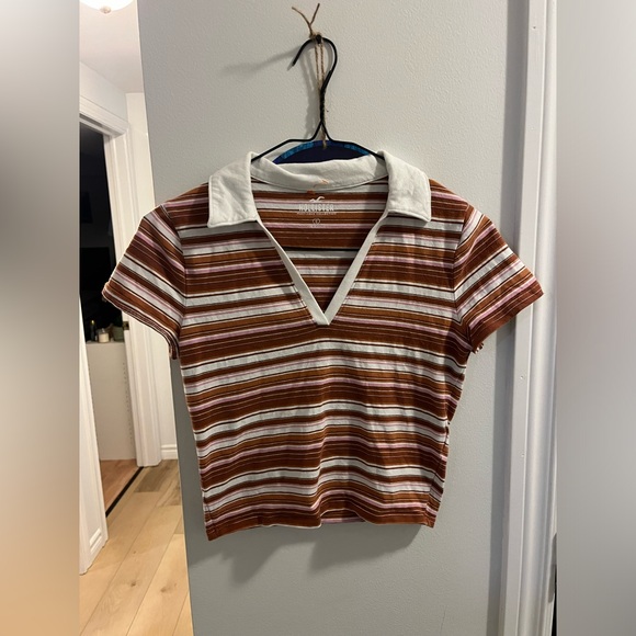 Hollister Brown and White Striped V-Neck Tee - Picture 1 of 4
